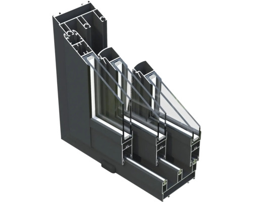 Fensterprofil mit Dreifachverglasung im Querschnitt