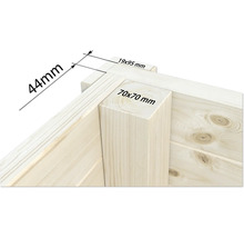 Detailansicht einer Holzecke mit Maßangaben 44 mm, 19 x 95 mm und 70 x 70 mm