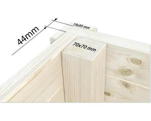 Detailansicht einer Holzkonstruktion mit Maßangaben 44 mm, 19 x 95 mm und 70 x 70 mm