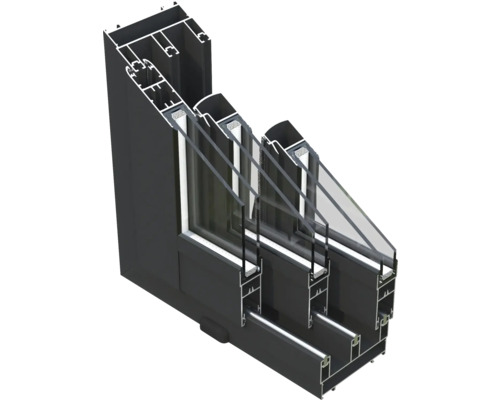 Schnittdarstellung eines Fensterprofils mit Dreifachverglasung