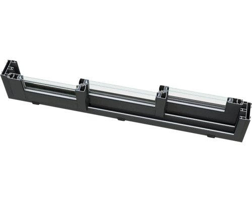 Querschnitt eines schwarzen Aluminiumfensterrahmens mit Glas