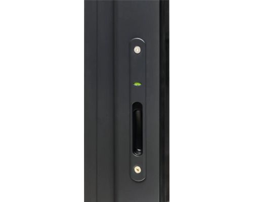 Detailansicht einer Schiebetür mit Griff, Verriegelung und integrierter Wasserwaage