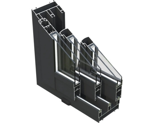 Schnittansicht eines Fensterrahmens mit Dreifachverglasung.