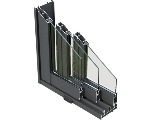 Querschnitt eines Aluminiumfensters mit Dreifachverglasung