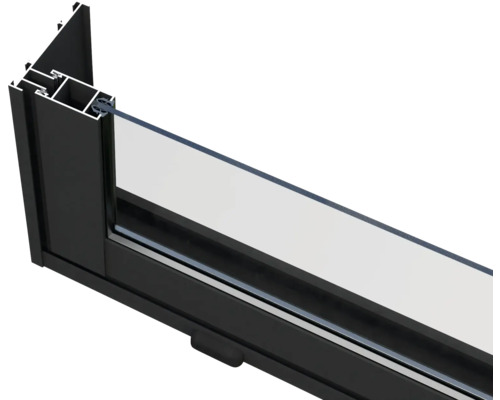 Querschnitt eines schwarzen Aluminiumfensterrahmens mit Glas