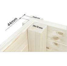 Holzkonstruktion mit Maßangaben: 44 mm, 19 x 95 mm und 70 x 70 mm