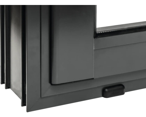 Detailansicht eines grauen Schiebefensters aus Kunststoff.