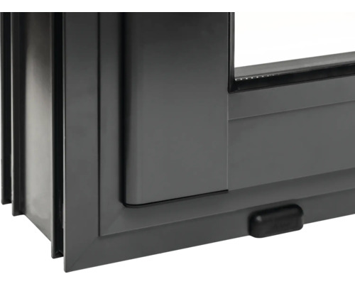 Detailansicht eines grauen Schiebefensters mit Rahmen und Beschlägen