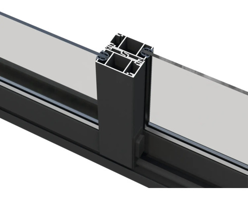 Detailansicht eines Aluminium-Fensterprofils mit Glaseinsatz.