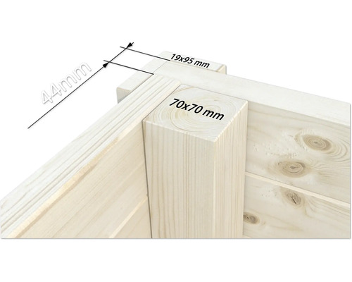 Detailaufnahme einer Holzkonstruktion mit Maßangaben 70x70 Millimeter und 19x95 Millimeter