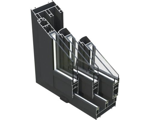 Schnittansicht eines Fensters mit Dreifachverglasung und Rahmen