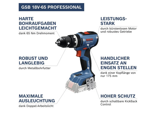 Bosch GSB 18V-65 Professional Akku-Schlagbohrschrauber mit Leistungsmerkmalen.
