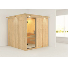 Elementsauna Karibu Rodina ohne Ofen mit Dachkranz und Ganzglastüre aus Klarglas
