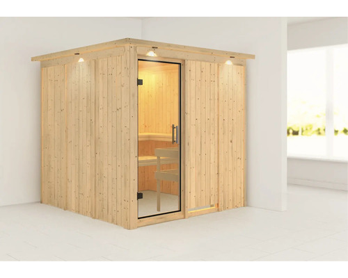Holzsauna mit Glastür und Innenbeleuchtung im Raum