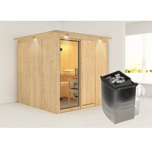 Elementsauna Karibu Rodina inkl. 9 kW Ofen u.integr.Steuerung mit Dachkranz und Ganzglastüre aus Klarglas
