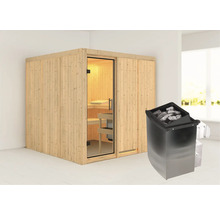 Elementsauna Karibu Rodina inkl. 9 kW Ofen u.integr.Steuerung ohne Dachkranz mit Ganzglastüre aus Klarglas