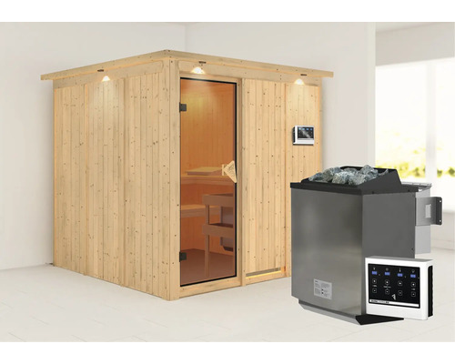 Holzsauna mit Saunaofen und Steuerung