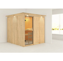 Elementsauna Karibu Rodina ohne Ofen und mit Dachkranz und bronzierter Ganzglastüre