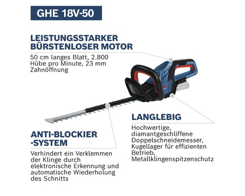 Akku Heckenschere GHE 18V-50 mit bürstenlosem Motor, 50 Zentimeter langem Blatt, 2800 Hüben pro Minute, 23 Millimeter Zahnöffnung und Anti Blockier System