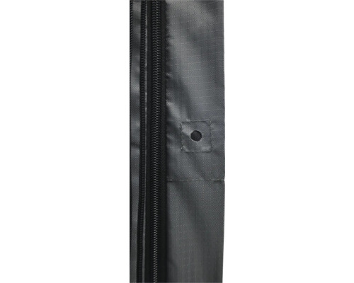 Detailansicht eines Reißverschlusses mit verstärktem Stoff und Öse