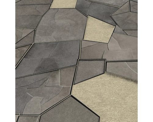 Nahaufnahme von unregelmäßig geformten, grauen und sandfarbenen Pflastersteinen mit dunklen Fugen