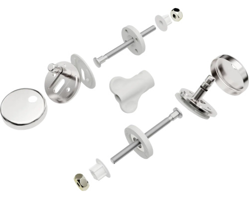 Explosionsdarstellung eines Toilettensitz-Befestigungssets mit Schrauben und Abdeckungen