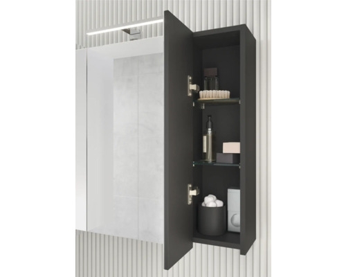 Badezimmer Szene mit einem Spiegelschrank mit offener Tür, ausgestattet mit Glasböden und verschiedenen Badutensilien.