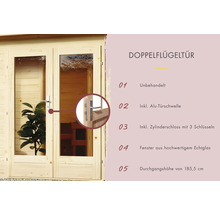 Saunahaus Karibu Sainburga 1 Set A ohne Ofen mit Vorraum und Holztüre mit Klarglas
