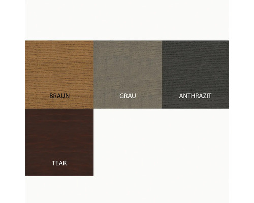 Farbmuster von Holz in den Tönen Braun, Grau, Anthrazit und Teak