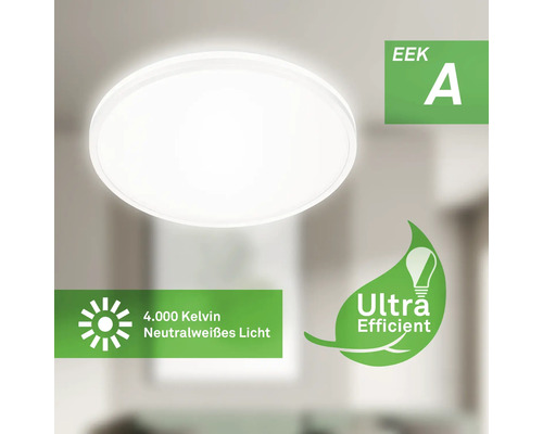 Runde LED Deckenleuchte mit Energieeffizienzklasse A, 4000 Kelvin neutralweißes Licht und Ultra Efficient Symbol.