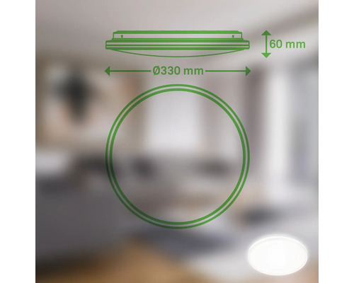 Abmessungen der Deckenleuchte: Durchmesser 330 mm, Höhe 60 mm