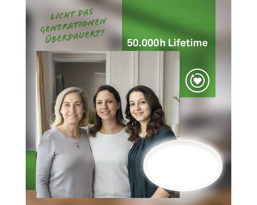 Drei Frauen verschiedener Generationen mit einer Deckenleuchte im Vordergrund, Lebensdauer 50000 Stunden