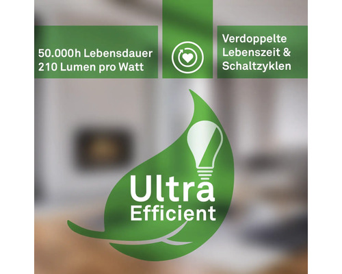Grafik mit Informationen zur Energieeffizienz einer Lampe: 50000 Stunden Lebensdauer, 210 Lumen pro Watt, doppelte Lebenszeit und Schaltzyklen.