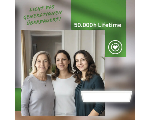 Drei Frauen unterschiedlichen Alters vor einer Deckenleuchte, die eine Lebensdauer von 50000 Stunden hat.