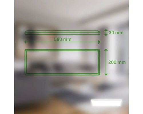 Technische Zeichnung einer LED-Leuchte mit den Maßen 580 mm Breite, 200 mm Höhe und 30 mm Tiefe