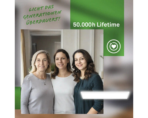 Drei Generationen von Frauen vor einem Hintergrund mit der Aufschrift Licht, das Generationen überdauert und 50.000 Stunden Lebensdauer.