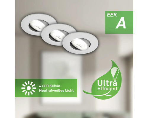 Drei Deckeneinbaustrahler mit Energieeffizienzklasse A, 4000 Kelvin neutralweißes Licht und energiesparend