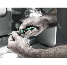 Eine Person hält einen Wera Schraubendreher in der Hand.