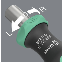 Detailaufnahme des umschalbaren Ratschenschraubendrehers von Wera mit Hinweisen zu Drehrichtung und Arretierung