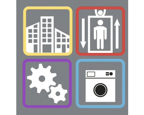 Symbolbilder für Gebäude, Aufzug, Getriebe und Waschmaschine