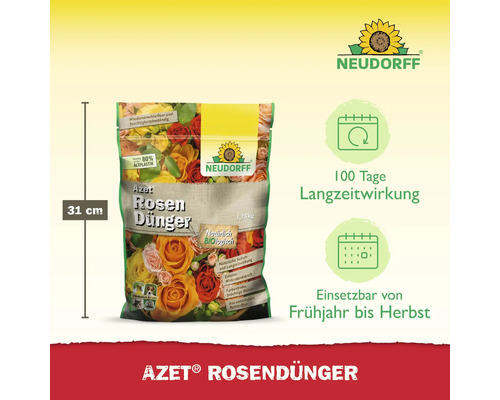Azet Rosendünger in einer 31 Zentimeter hohen Verpackung für die Anwendung von Frühjahr bis Herbst