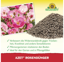 Neudorff Logo. Rosenfoto. Haufen von Rosenstreuer Azet. Verbessert die Widerstandskraft gegen Trockenheit, Krankheit und andere Stressfaktoren. Mikroorganismen vitalisieren den Boden. Ideal für den Garten und in Pflanzgefäßen.