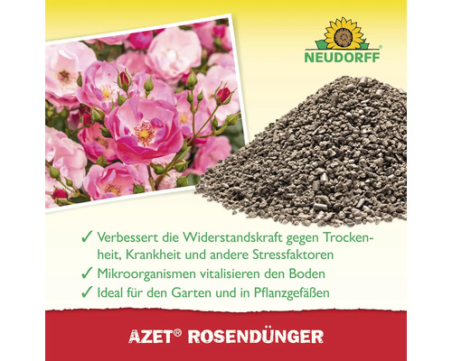 Neudorff Logo. Rosenfoto. Haufen von Rosenstreuer Azet. Verbessert die Widerstandskraft gegen Trockenheit, Krankheit und andere Stressfaktoren. Mikroorganismen vitalisieren den Boden. Ideal für den Garten und in Pflanzgefäßen.