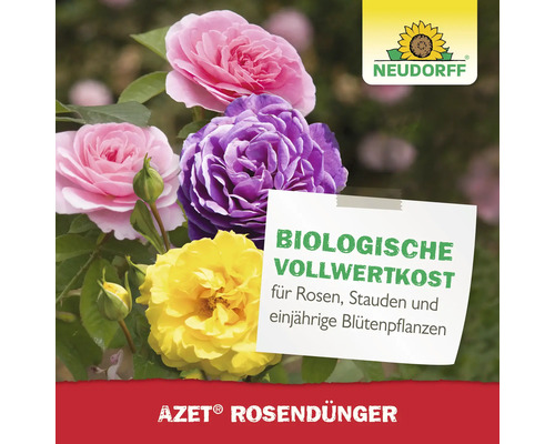 Neudorff Azet Rosendünger mit Rosen im Hintergrund