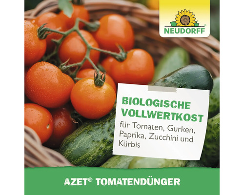 Frische Tomaten und Gurken mit Neudorff Logo und Hinweis auf biologischen Tomatendünger