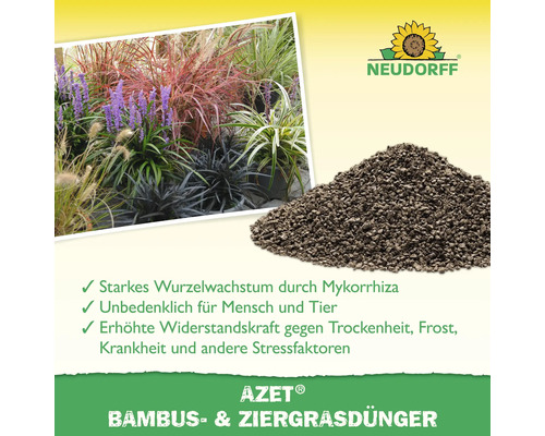 Neudorff Logo. Bambus- und Ziergrasdünger mit Mykorrhiza für starkes Wurzelwachstum und erhöhte Widerstandskraft.