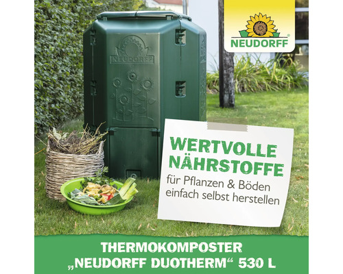 Neudorff Thermokomposter Duotherm 530 Liter im Garten neben Pflanzenabfällen