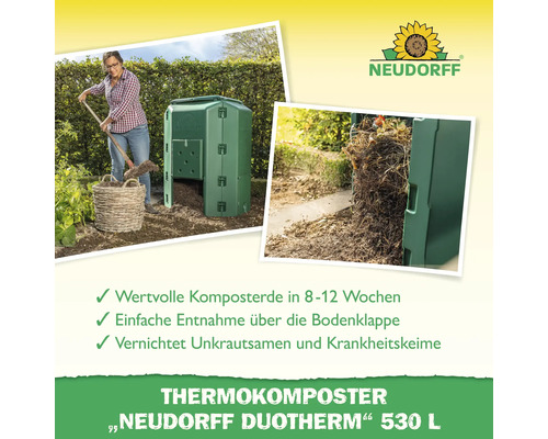 Szene mit Neudorff Thermokomposter Duotherm 530 Liter im Garten, Frau arbeitet mit einer Harke. Neudorff Logo