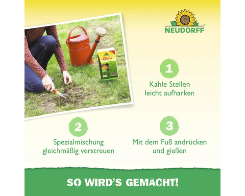 Anleitung zur Rasenreparatur mit Neudorff Lückenlos: Aufharken, Verteilen, Andrücken und Gießen.