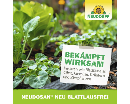 Gemüsegarten mit Hinweis auf Neudosan Neu Blattlausfrei von Neudorff zur wirksamen Bekämpfung von Blattläusen an Obst, Gemüse, Kräutern und Zierpflanzen